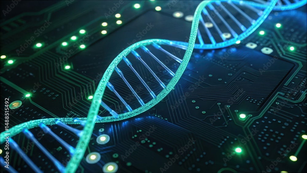 Aufkleber digital circuit board with dna strand and led lights in close-up