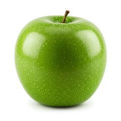 Crisp, high-resolution image of a vibrant green apple with a smooth skin and subtle highlights, isolated on a transparent alpha layer background