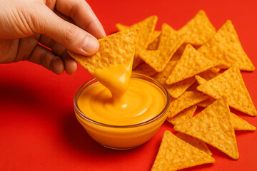 Hand dipping tortilla chip into cheese sauce with nachos on red background