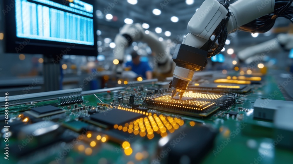 Poster robots are actively working on an assembly line, placing components onto circuit boards in a modern 