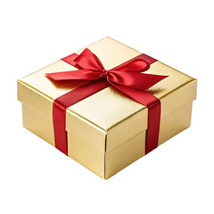 Fototapeta premium Gold gift box with red ribbon, perfect for festive occasions.