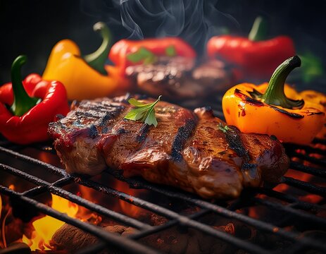 Gegrilltes Fleisch und Paprika mit Grillstreifen