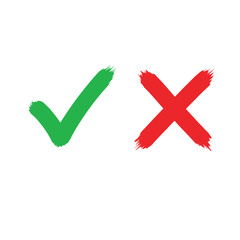 Tick and cross brush signs. Green checkmark OK and red X icons, isolated on white background. Symbols YES and NO button for vote, decision, web. Right and wrong.  © mrvect02