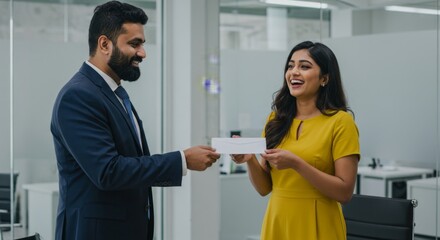 Businessman handing a document to smiling woman in modern office  
