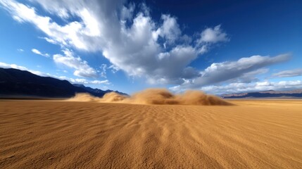 Fototapeta premium Strong winds create a swirling dust storm in a vast desert expanse. The landscape shows cracked earth and mountains in the background under a vibrant sky filled with clouds
