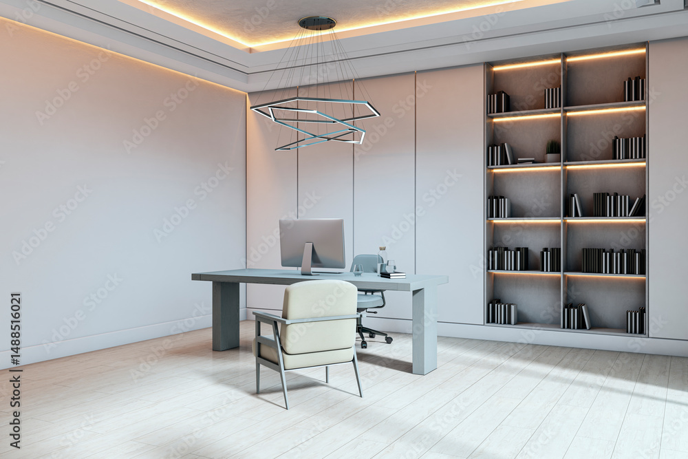 Poster modern minimalist executive office interior with geometric lighting and built-in bookshelf featuring