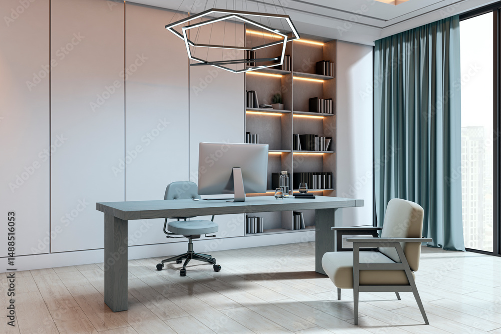 Poster modern minimalist office interior with sleek desk, geometric light, and bookshelf in soft lighting o