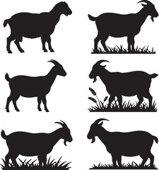 Six Goat Silhouettes in Grass Farm Animal Set