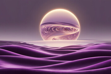 Ethereal Purple Landscape with Glowing Sphere and Dreamlike Waves – Abstract Tranquil Fantasy Scene"