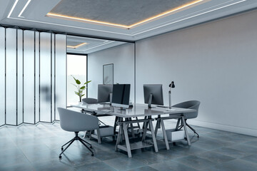 Modern office interior with minimalist furniture, frosted glass partitions, and soft ambient lighting on a clean tiled floor background. 3D Rendering