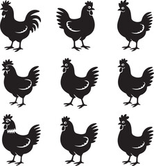 Nine Black Silhouettes of Chickens and Roosters