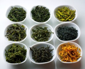 Fototapeta premium Piles of 10 famous Chinese green teas are presented in isolation, set against a clean white background to showcase the collection