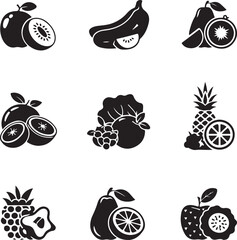 Collection of Nine Black and White Fruit Icons