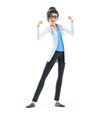 3d cartoon female doctor flexing arm muscles