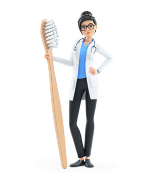 3d cartoon female doctor holding a toothbrush