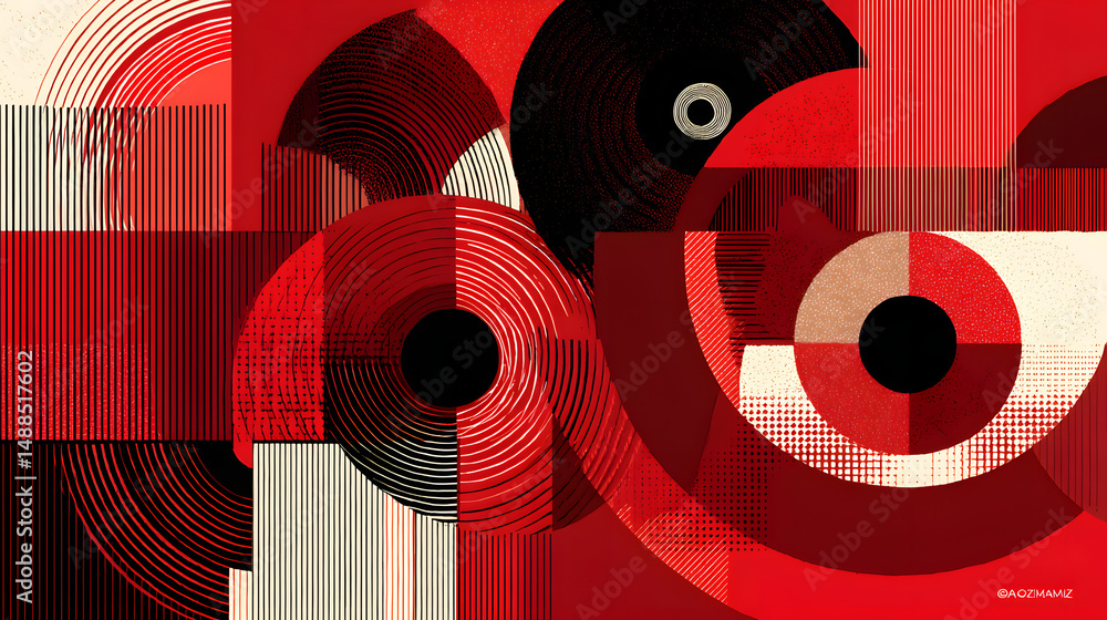 Poster geometric symphony in red: a striking composition of layered red geometric shapes creating a dynamic