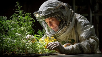 Urban Farmer in Space Suit Pollinating Plants by Hand