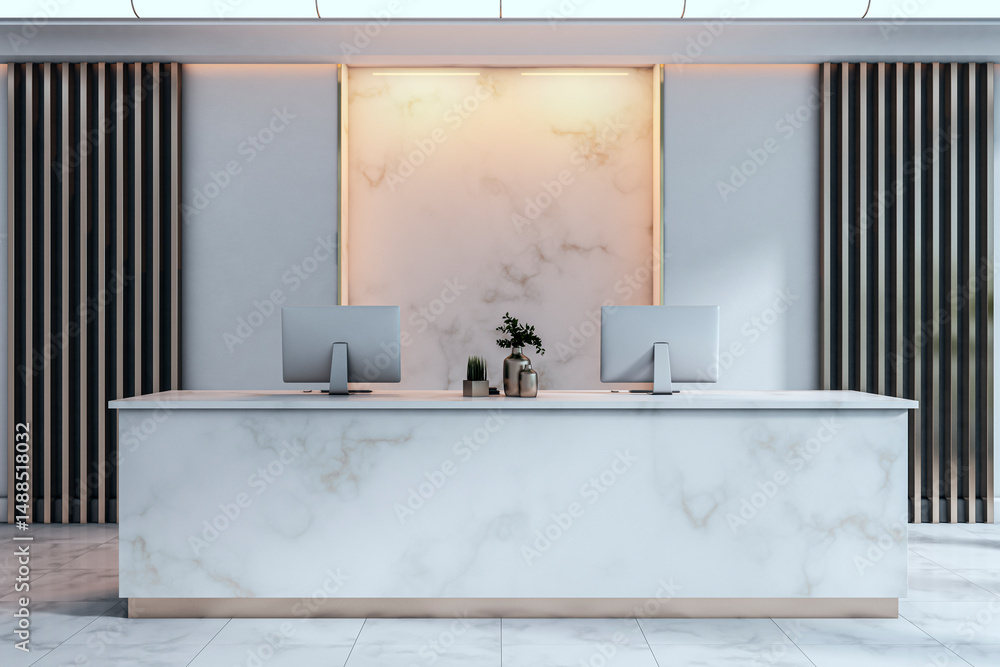 Fototapete modern marble reception desk mockup with dual monitors and decor in minimalist lobby interior, ideal