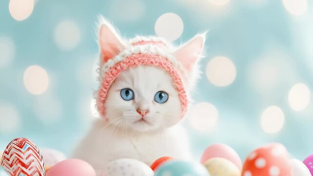 Adorable kitten with knitted hat amidst colorful easter eggs in soft focus bokeh background