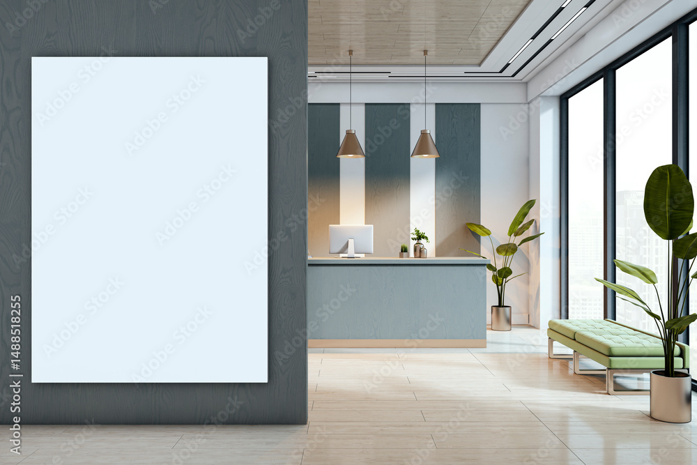 Poster modern office reception with large blank poster mockup on wall and computer desk in daylight interio