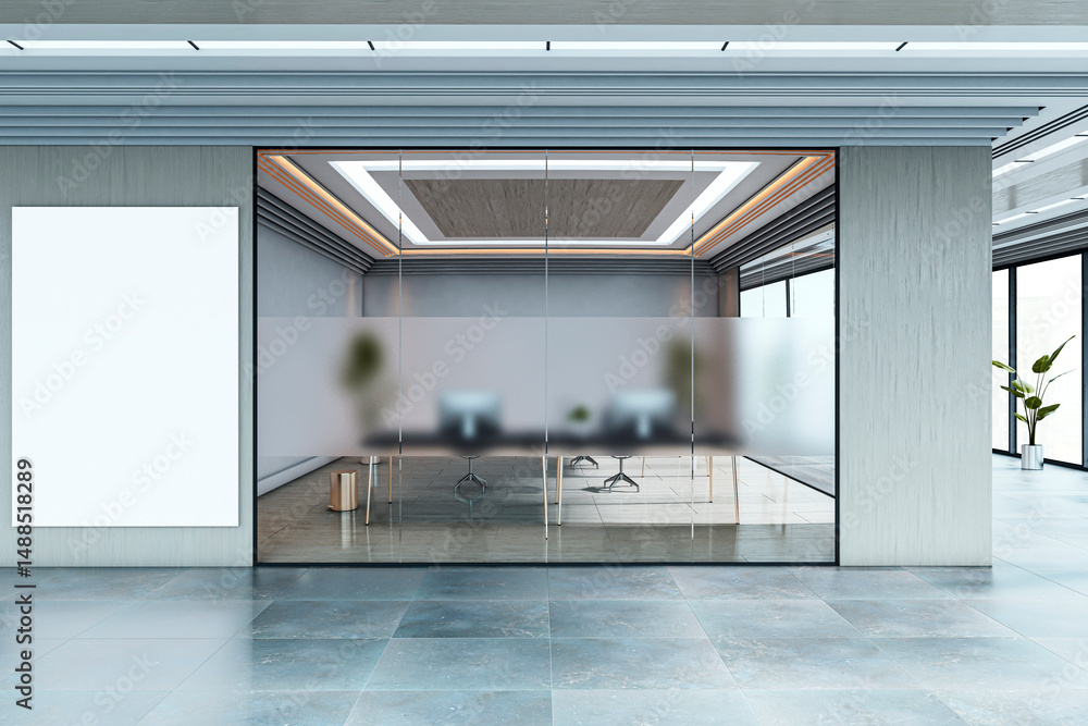 Poster modern empty office meeting room with frosted glass walls and sleek architectural ceiling design in 
