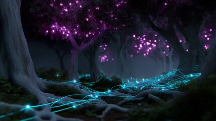 Fototapeta premium Cyberpunk forest landscape with glowing trees and luminous roots for futuristic design