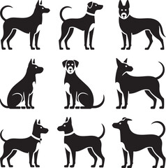 Nine Black Silhouettes of Dogs in Various Poses
