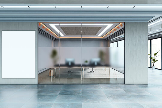 Modern empty office meeting room with frosted glass walls and sleek architectural ceiling design in commercial building interior space. 3D Rendering