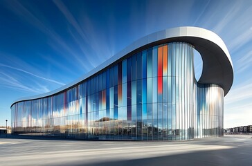 Modern Architecture with Glass Facade, Colorful Panels, Curving Lines, and Blue Sky