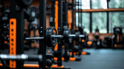 Fototapeta premium Weightlifting equipment in a modern gym with natural light streaming through large windows