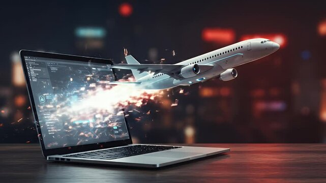 An airplane coming out from the laptop.