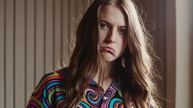 Jeune femme en chemise color&eacute;e faisant la moue, portrait expressif et stylis&eacute;

