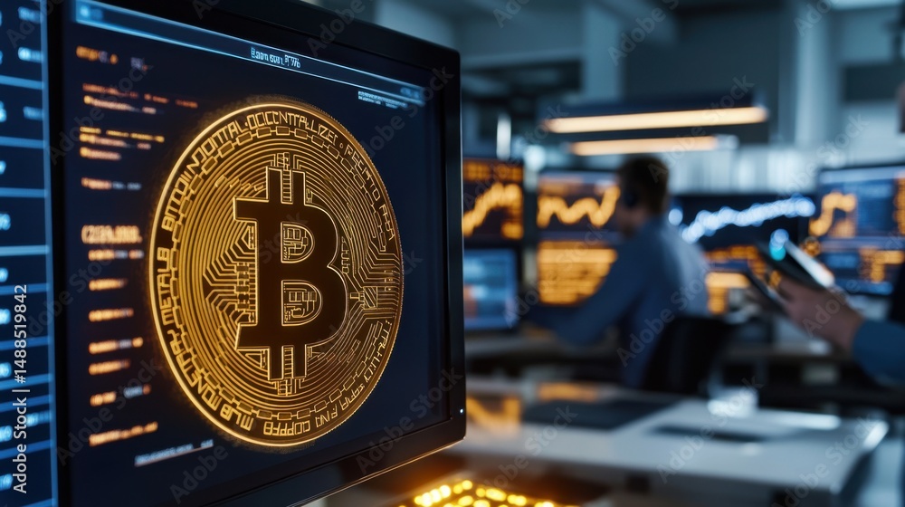 Poster specialists focus on cryptocurrency trading in a modern office filled with multiple screens. bitcoin