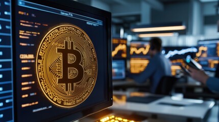 Specialists focus on cryptocurrency trading in a modern office filled with multiple screens. Bitcoin data and graphs are prominently displayed, depicting real-time market activity and analysis