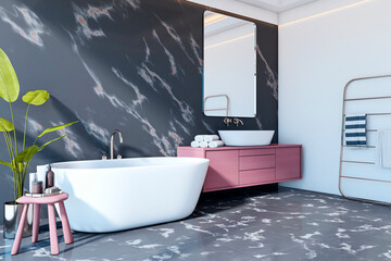 Modern minimalist bathroom interior with freestanding bathtub, marble walls, and pink vanity in...