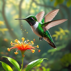 Fototapeta premium A vibrant and iridescent hummingbird, hovers above a nectar-filled flower in a lush forest