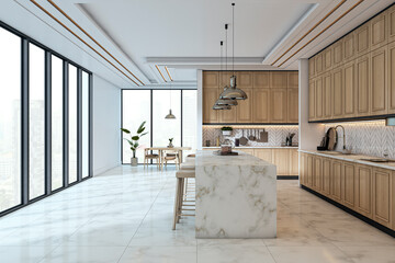 Modern luxury kitchen interior with wooden cabinets, marble island, pendant lights, and large windows in high-rise apartment concept background. 3D Rendering © Who is Danny