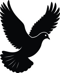 A flying dove bird silhouette depiction, wings wpread on white  background