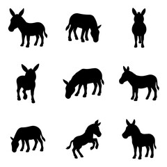 set of donkey vector, donkey, animal, vector, animals, horse, dog, farm, goat, illustration, wild, elephant, set, cow, icon, cat, silhouettes, lion, collection, deer, nature, black, giraffe, mammal