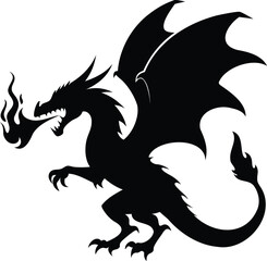 Fototapeta premium Ferocious Black Dragon Breathing Fire in Powerful Silhouette on White Background