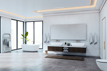 Modern luxury bathroom interior with freestanding tub, double sinks, large windows, and contemporary decor in high-rise building. 3D Rendering