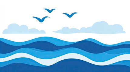 Simplified seascape with textured waves and fluffy clouds.