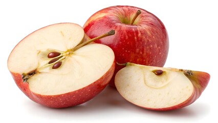 A whole red apple with a halved apple and a slice on a white background in a studio shot view