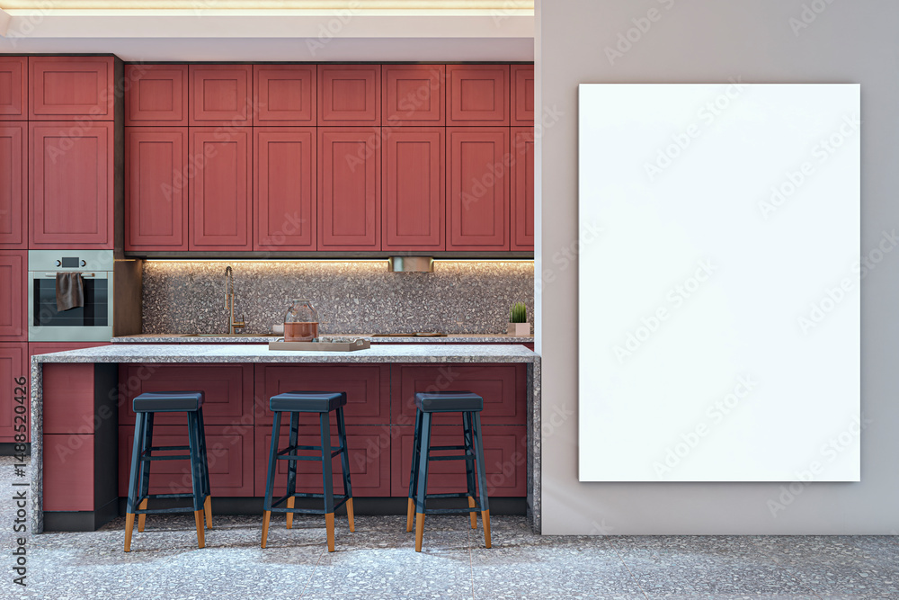 Poster blank vertical canvas mockup on wall in modern kitchen interior with red cabinets and terrazzo surfa