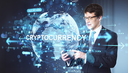 Businessman using tablet with cryptocurrency hologram on digital world map background in financial technology concept illustration style..
