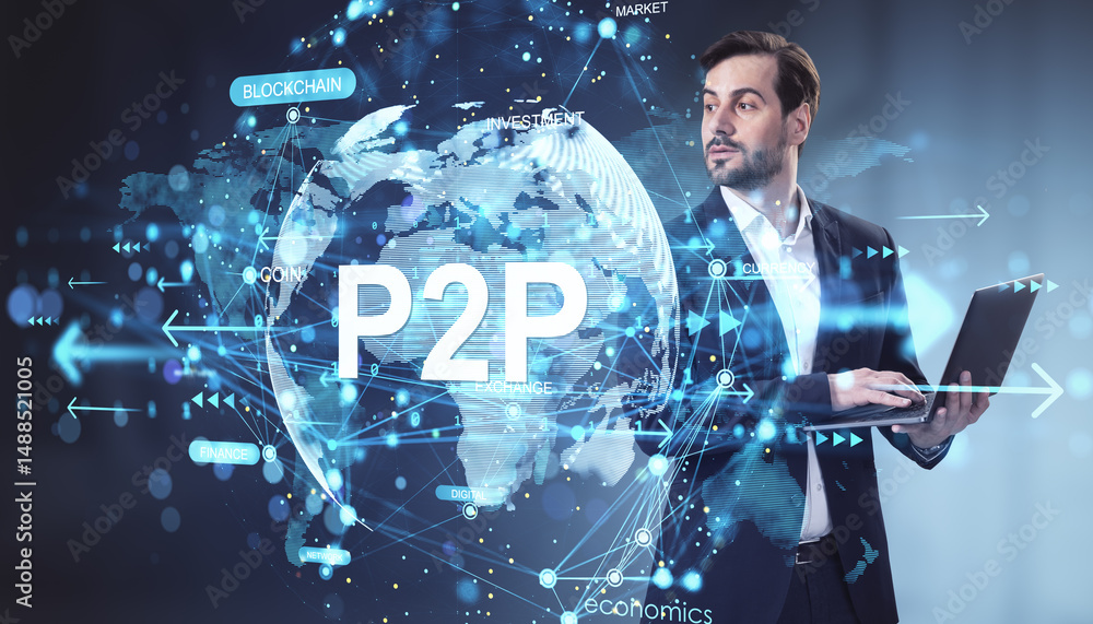 Poster Businessman using laptop with P2P global network and blockchain data projection on digital background for financial exchange and investment concept.