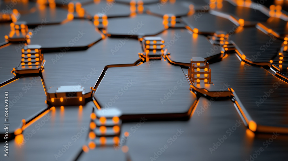 Poster an intricate hexagonal network displayed on a dark surface features glowing nodes, suggesting a high