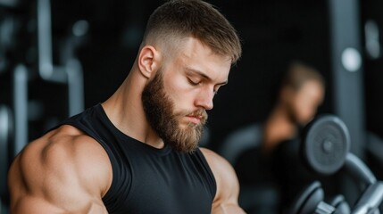 Fototapeta premium Focused man trains in gym during afternoon, showcasing strength and dedication