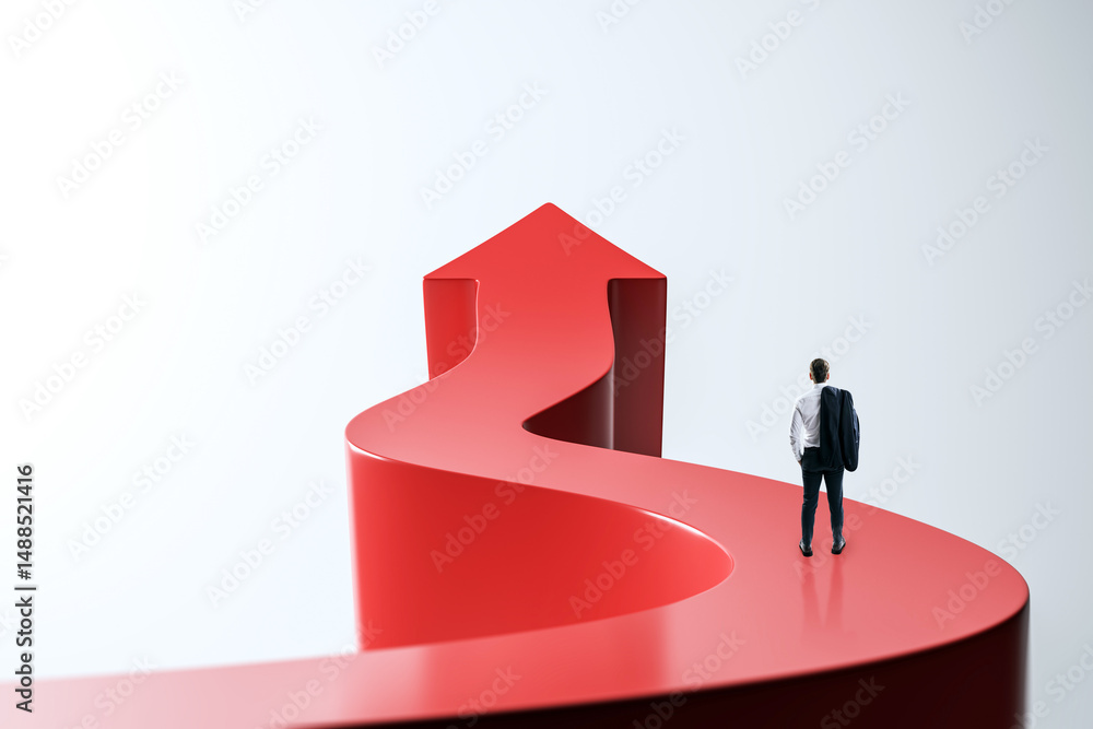 Poster Businessman standing on red upward path shaped like arrow symbolizing success and ambition against gradient background with light effect.