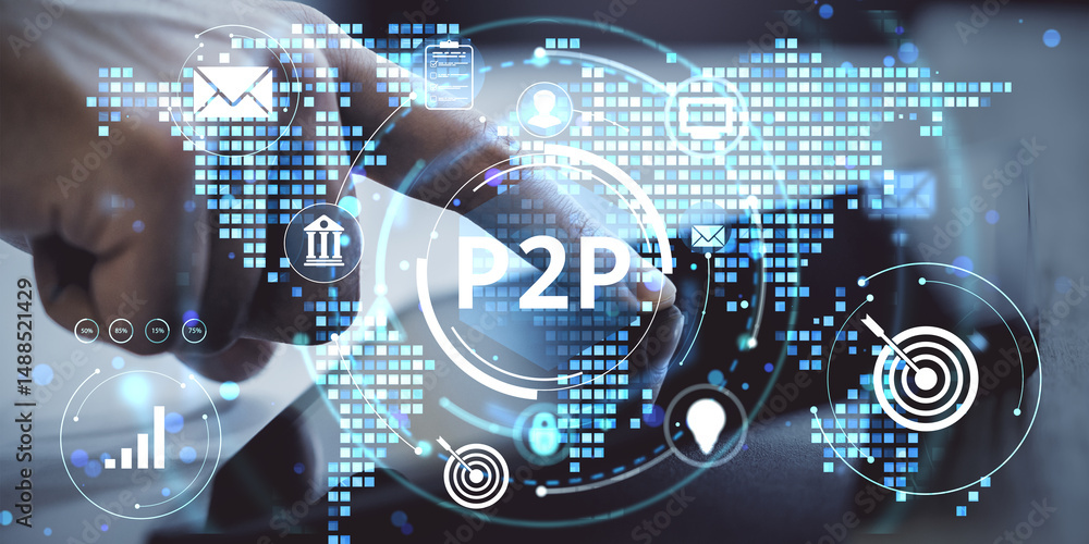 Aufkleber Person using digital tablet with P2P financial technology interface and global fintech icons over dark background representing peer-to-peer lending.